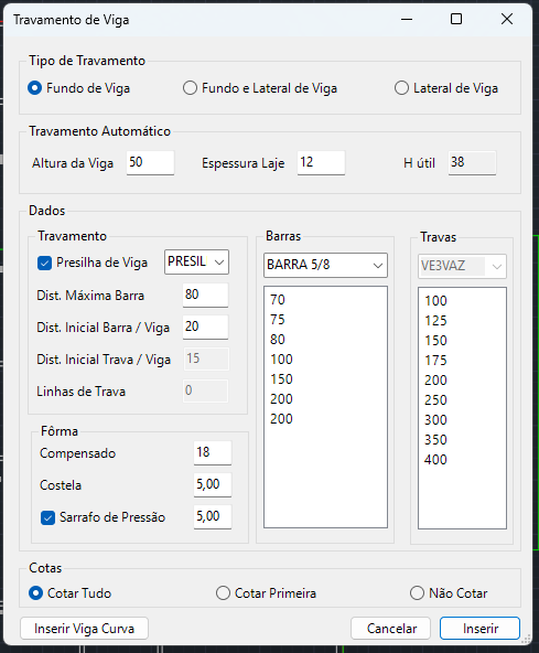 Configuração real de travamento de viga