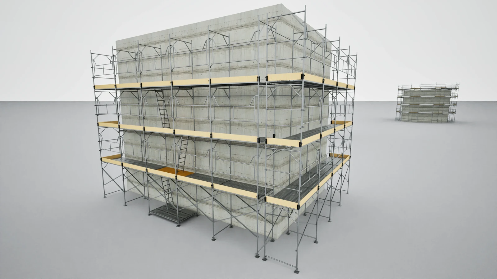 Visualização do projeto: Modelo de andaime fachadeiro contornando duas faces de uma edificação no Revit