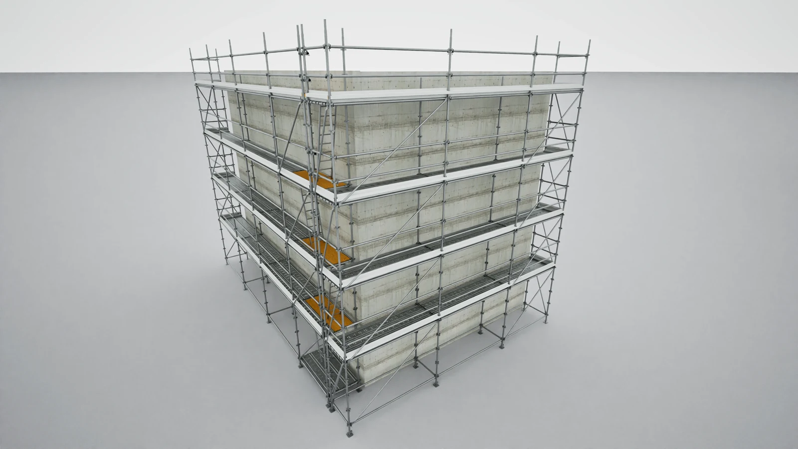Render do andaime multidirecional junto à estrutura de concreto, com plataformas, diagonais e acessos